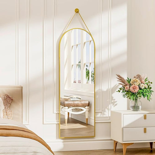 16"x48" Hanging Mirror with Leather Strap, Arched Full Length Mirror with - Image 2