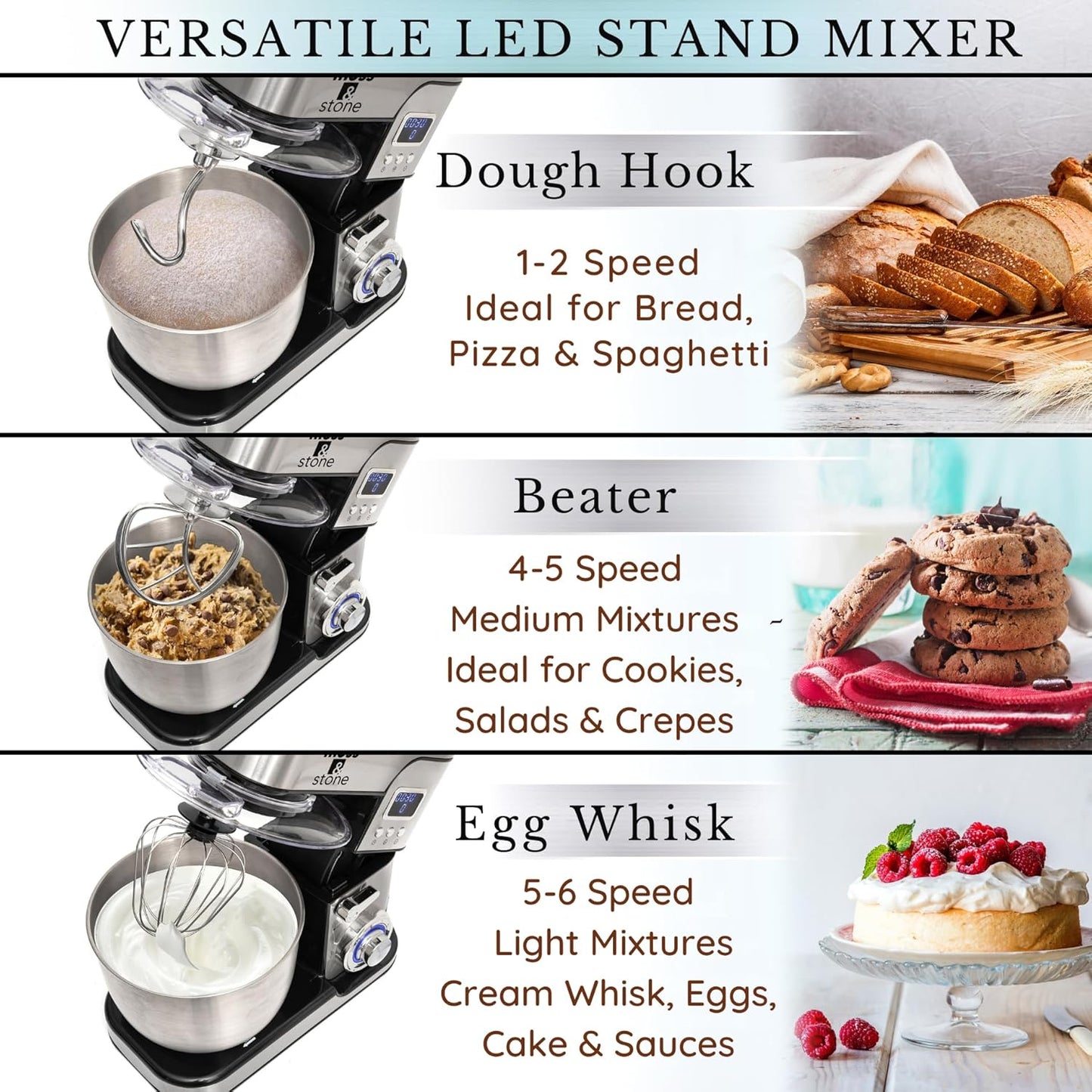 Moss & Stone Stand Mixer With Lcd Display, 6 Speed Electric Mixer With 5.5 Quart Stainless Steel Mixing Bowl, Kitchen Mixer With Dough Hook, Egg Whisk, Beater & Baking Spatula, Food Mixer With Timer