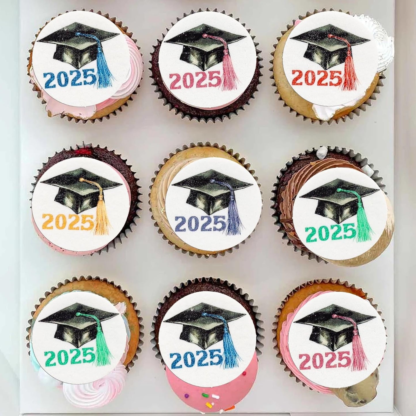 Gyufise 48Pcs Edible 2025 Graduation Theme Cupcake Toppers Wafer Paper Graduate Hat Grad Cap Cupcake Picks 2025 Students Graduation Theme Party Cake Decorations Supplies Multi