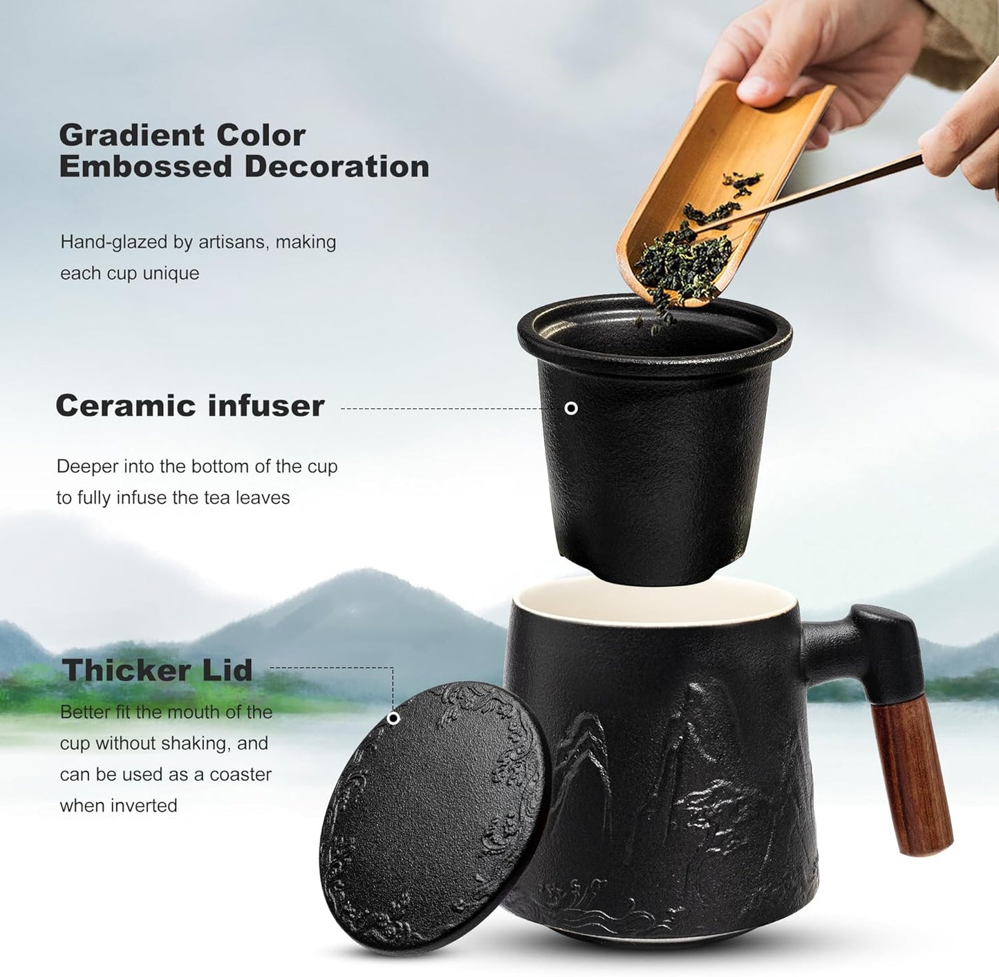 suyika Ceramic Tea Cup with Infuser and Lid, Gradient Embossed Large Tea Mug Wooden Handle for Steeping Loose Leaf, Tea Lover Gifts 15.2 oz / 450 ml,Matte Black
