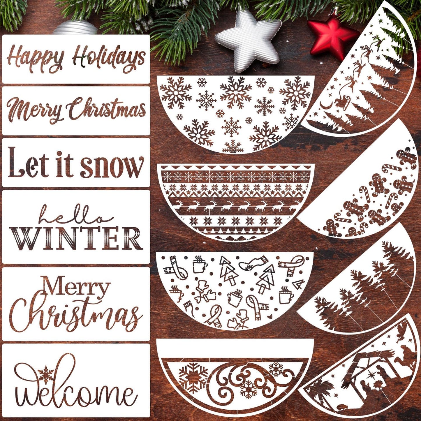 Christmas Stencils 12” Large Christmas Stencils for Crafts Reusable Christmas Stencil Holiday Drawing Templates for Door Hanger Porch Wreath Doormat Window Glass Decor(XMS Half R Stencil 03-14p)