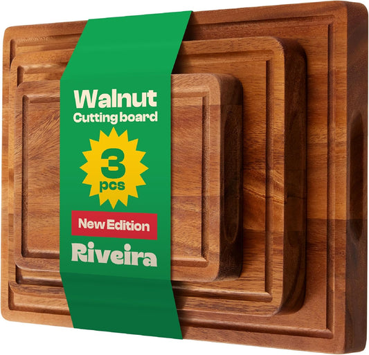 Riveira Walnut Cutting Board Set – Versatile And Durable: Set Of 3 Pcs Rectangular Wooden Cutting Board – Natural Wooden Cutting Boards For Kitchen – Complete Walnut Wooden Chopping Board