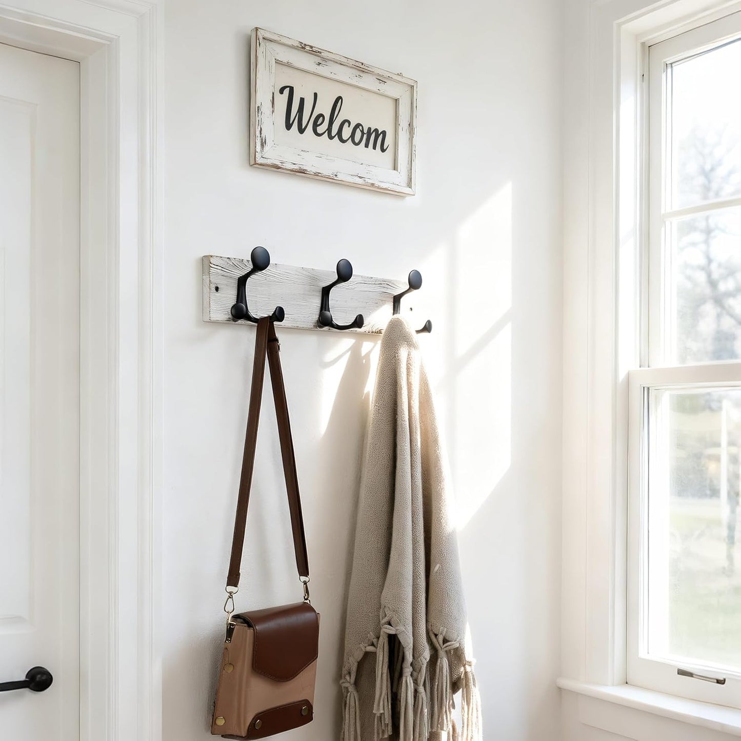 SKOLOO 17-Inch Wood Coat Rack Wall Mount with 3 Triple Hooks - Ideal for Family Entrances, Classrooms, and Pet Supplies Storage - Perfect Coat Hooks for Wall,Distressed White Wash