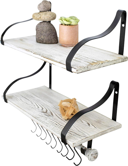 Wall Mounted Floating Spice Shelves with Towel Bar and Removable Hooks, Solid Wood, Rustic Shelving Storage, for Kitchens, Bathrooms and More, Farmhouse Wall Décor, 16.75” Long x 7.5” (White Washed)