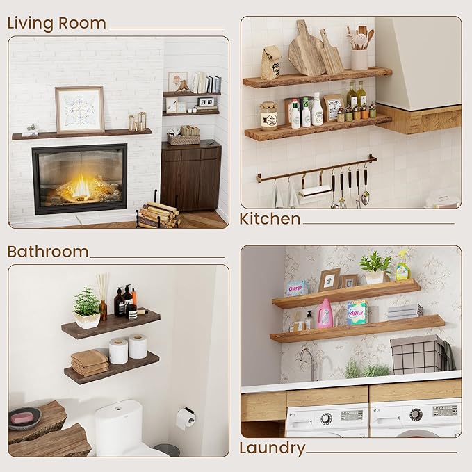 Floating Shelves for Wall Decor, Rustic Solid Elm Wood Live Edge Floating - Image 8