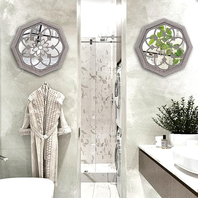 ZOLAPI 2 PCS Octagon Wall-Mounted Mirrors, Vintage Farmhouse Mirror - Image 2