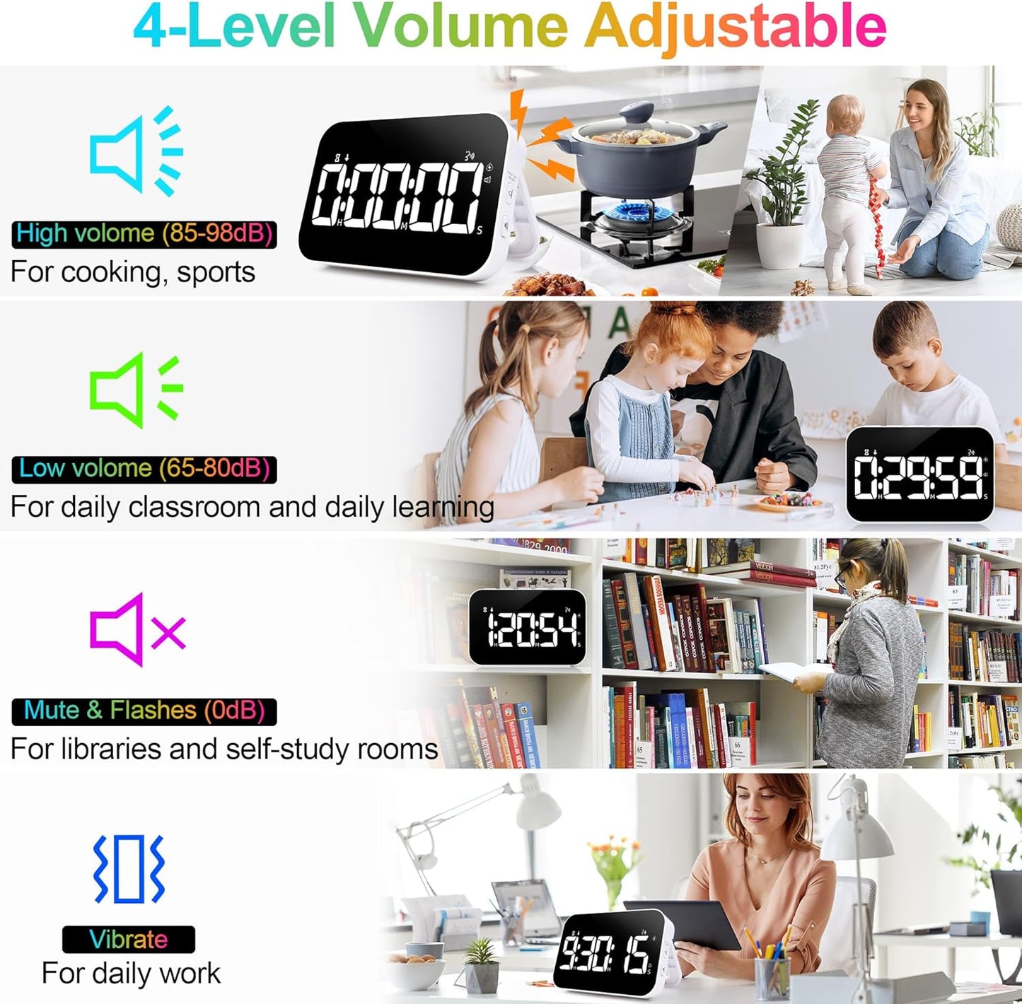 Kitchen Digital Timer, Rechargeable Magnetic Count Down Up Timer, Vibration Mode Adjustable Volume and Brightness LED Display with Sound Alert Function for Kids Adults Study Teaching, Kitchen Gadgets
