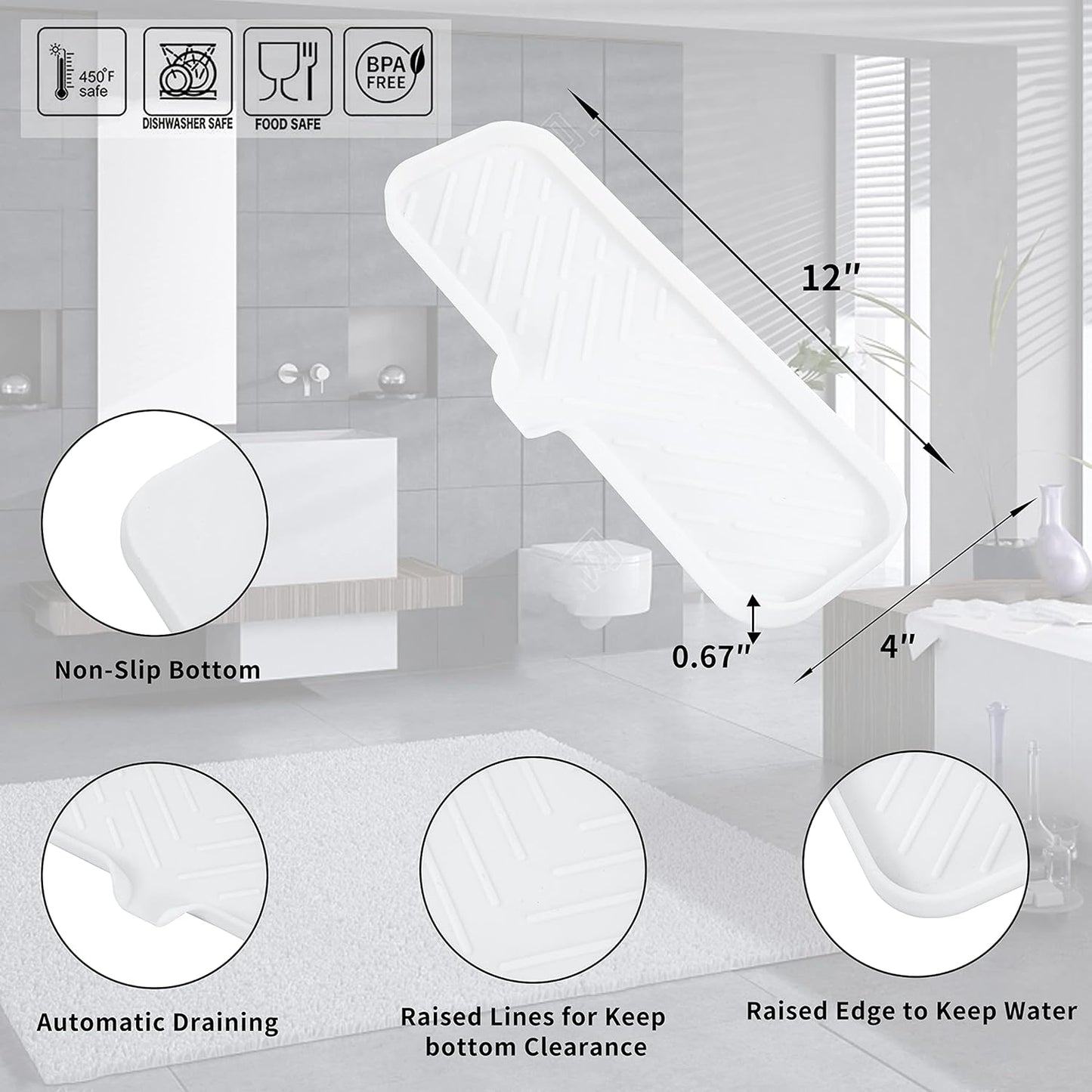 Silicone Bathroom Soap Dishes with Drain Spout-Bathroom and Kitchen Sink Organizer,Sponge Holder,Dish Soap Tray,Perfect for Dispenser,Scrubber,Bottle,Cup on Sink or Counter-White 12"×4"