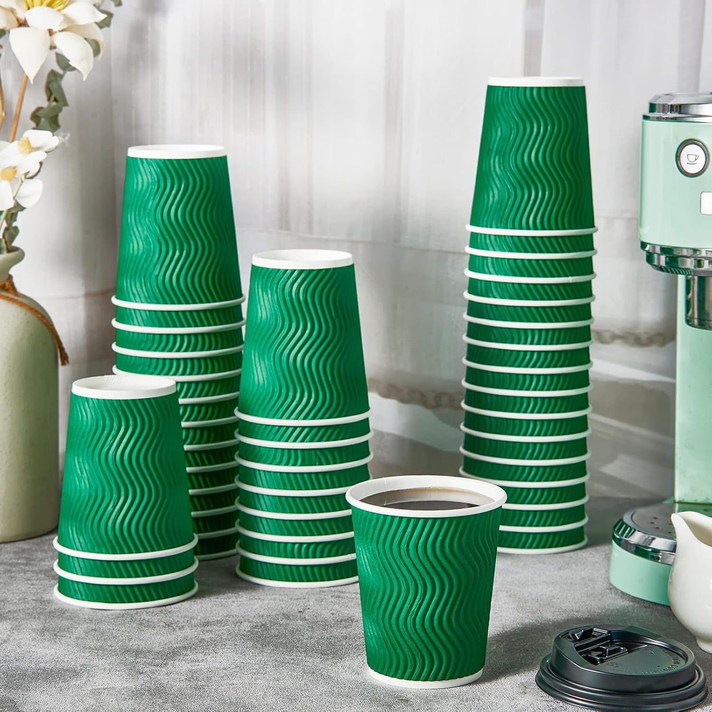 100 Count 8 OZ Coffee Cups with Lids, Insulated Ripple Wall Paper Hot Coffee Cups for Hot Drinks