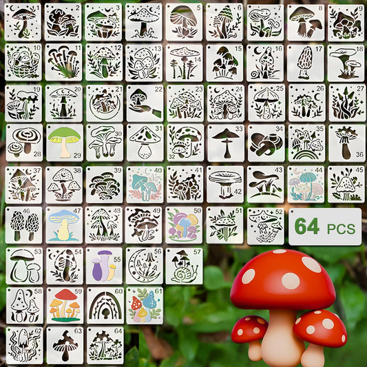 Felixcraft Mushroom Stencils for Painting, 64PCS 3x3 Inch Plastic Forest Stencils for Crafts Reusable, Durable PET Material for Wood Signs, Wall Art, Fabric Painting, and Magical DIY Art Projects