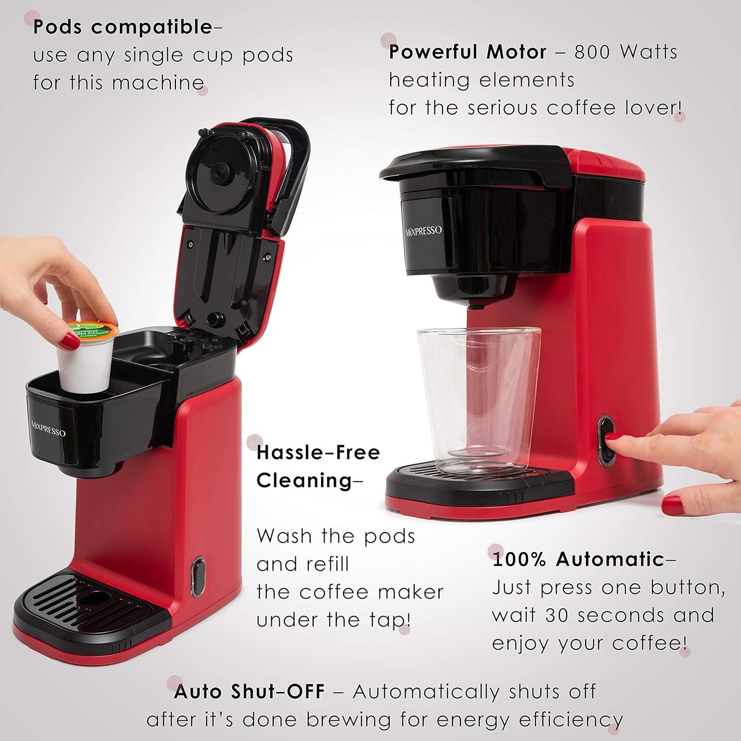 Mixpresso Single Cup Coffee Maker, Personal Single Serve Coffee Brewer Machine, Compatible with Single-Cups, Quick Brew Technology, One Touch Function Red Coffee Maker, 12oz One Cup Coffee Maker
