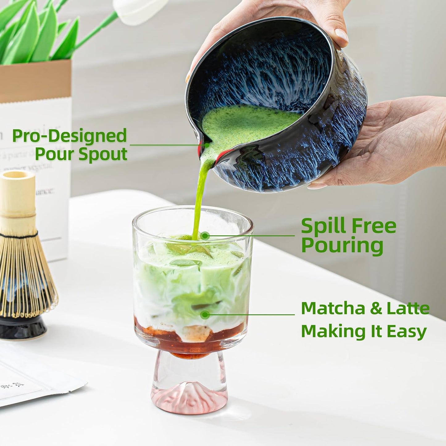 TEANAGOO 7 Pcs Matcha Whisk Set,Matcha Set for Ceremony,Matcha Kit Junware-Blue,Matcha Tea Set for Making Breakfast/Latte,Ceramic Bowl(chawan) whith Spout and Whisk,Gift for Matcha Lover