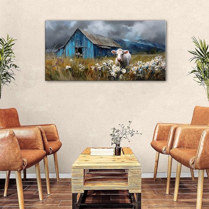 AIYISU Farmhouse Cow Wall Art Rustic Barn Landscape Pictures Wall Decor Blue - Image 4