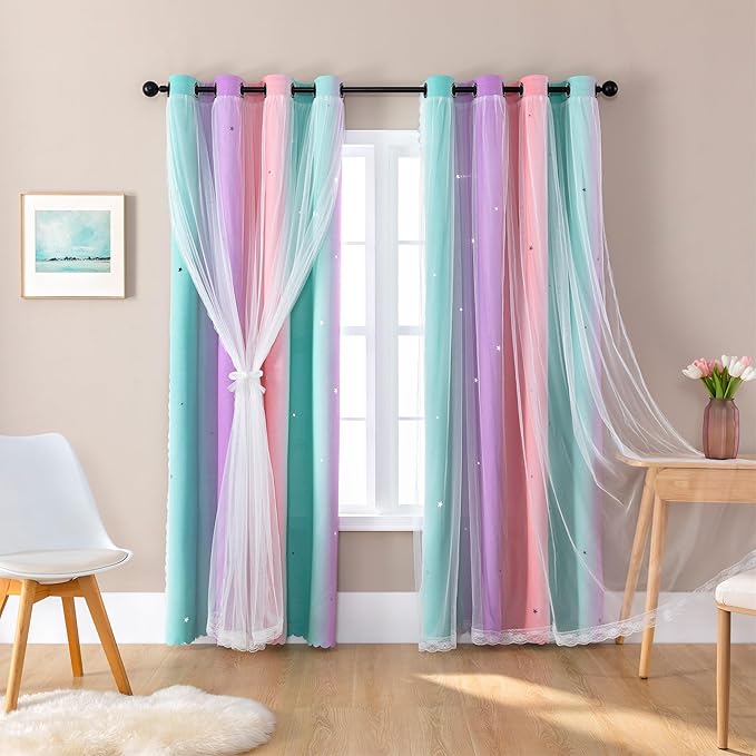 XiDi Curtains for Bedroom Decor, Kids Room Curtains for Girls Rainbow Colour - Image 5