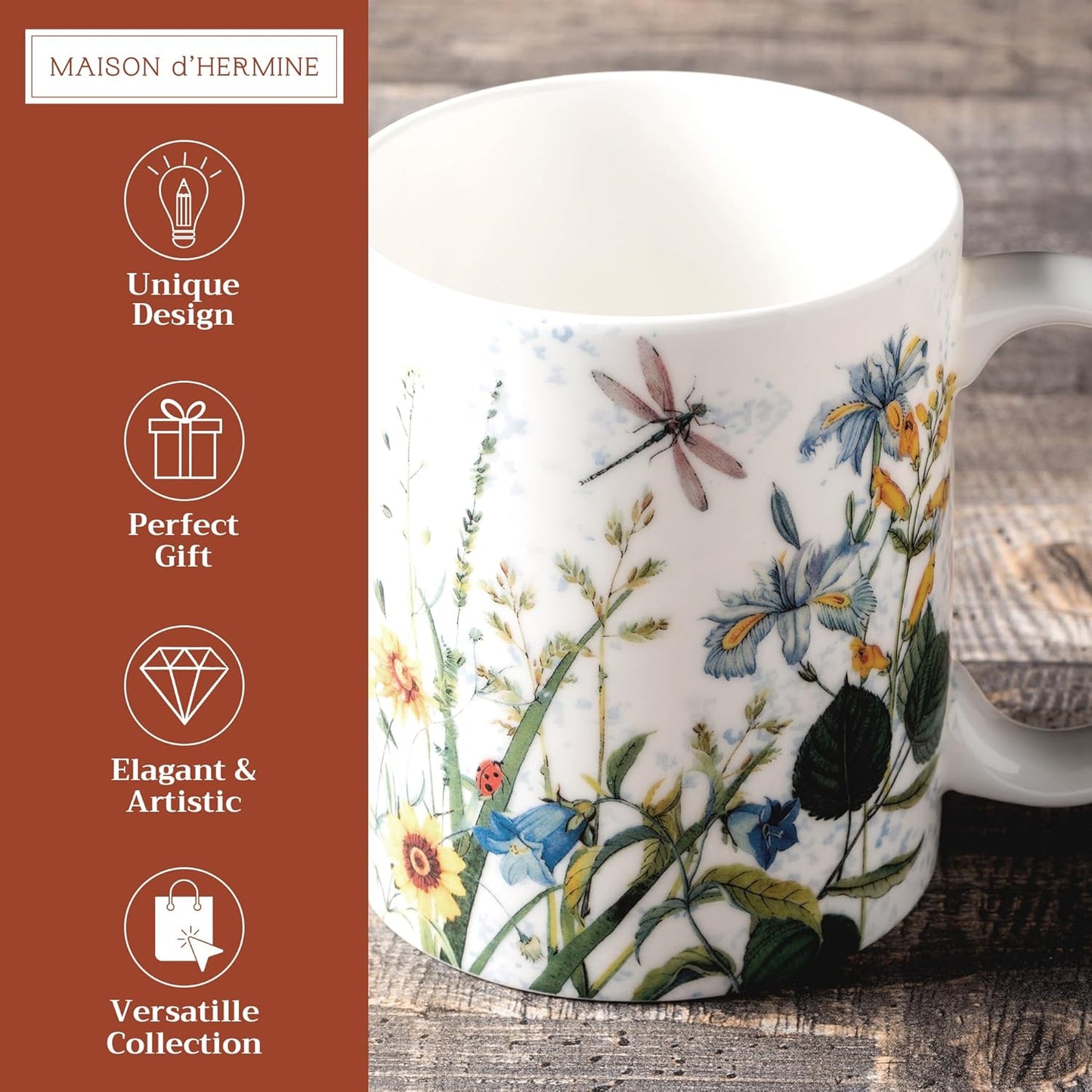 Maison d' Hermine Coffee Mug with Handles Fine Bone China Mugs Pack of One Tea Cups for Hot Beverages Cappuccino Latte Home Restaurant Office Perfect for Gift (Fleurs De Mai - Prairie, 15 Ounce)