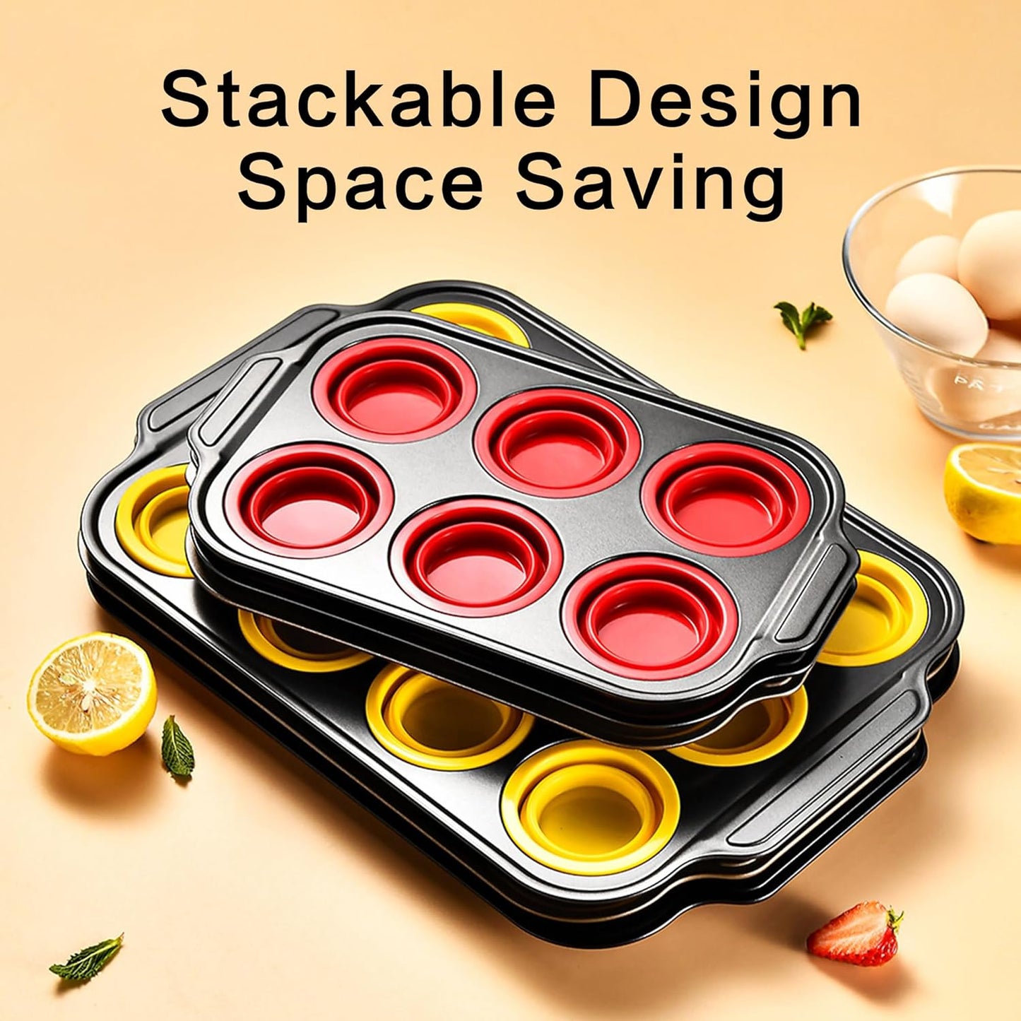 Silicone Muffin Pan, 12 Cup Muffin Pans with Metal Frame, Silicone Cupcake Pan for Baking, Non Stick Baking Cups with Press To Release Design, Cake Pop Mold, Egg Bites Mold, Yellow