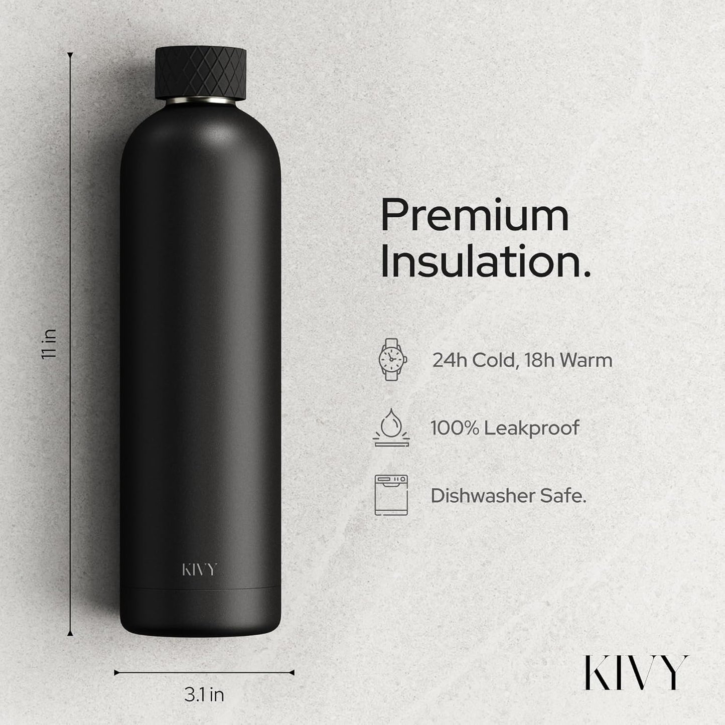 KIVY Stainless Steel Insulated Water Bottle 32oz [LEAK PROOF] Cold Up to 24 Hours, Hot Up to 18 Hours - Insulated Stainless Steel Water Bottle - Thermo Flask Drinking Bottle - BPA Free Water Bottle