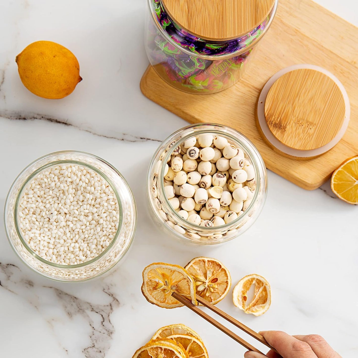 480 ml / 16 oz clear cute glass storage canister holder with airtight bamboo lid, modern decorative small container jar for coffee, spice, candy, salt, cookie, condiment, pepper, sugar