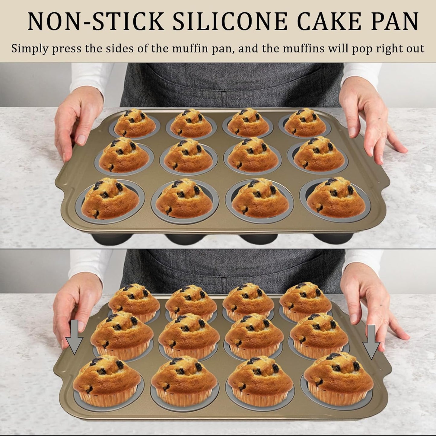 2 Pieces Carbon Steel 12 Hole Press Baking Silicone Cake Molds, Cupcake Baking Slices (12 Regular Sizes), Muffin Baking Sheets (Easy to Pop), Oven Safe Nonstick Non-Toxic Baking Pan