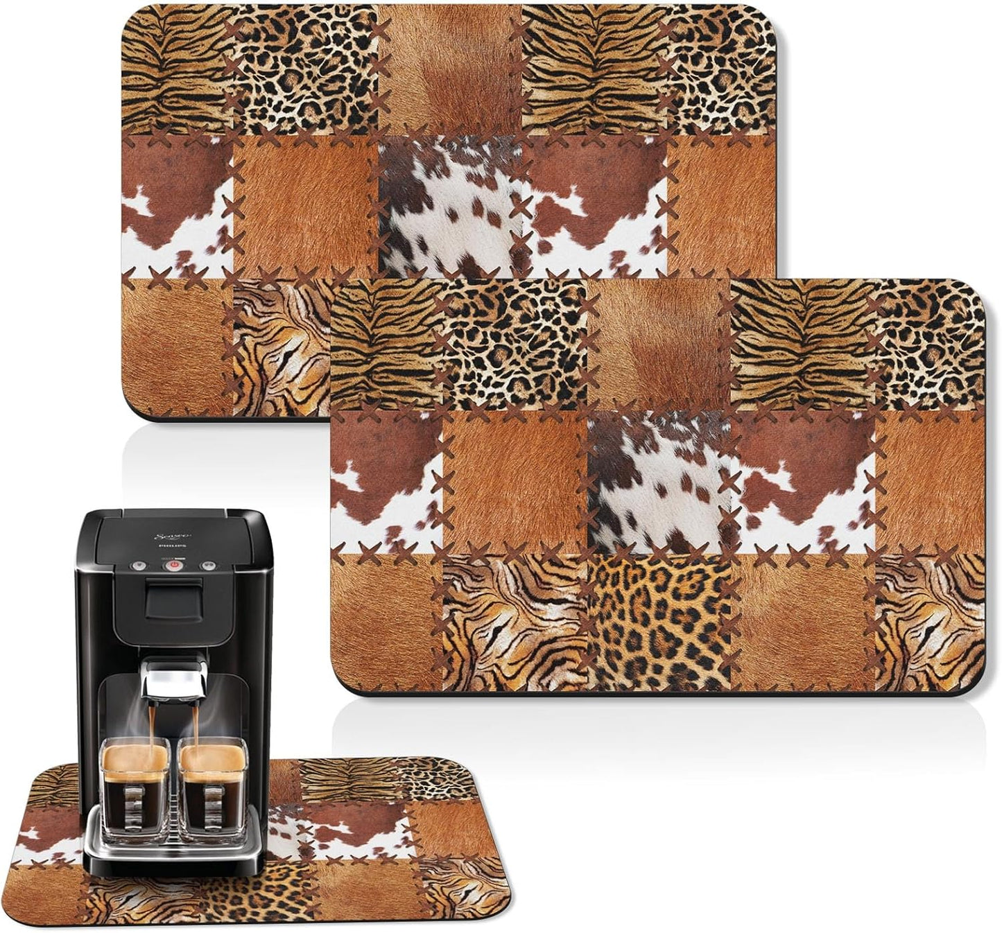 Arttown Coffee Mat for Countertops, Cow Tiger Leopard Patchwork Tribal Art Dish Drying Mat 2 Pcs for Kitchen Bar Accessories, Coffee Maker Espresso Machine Dish Rack Hide Stain Rubber 12x19in
