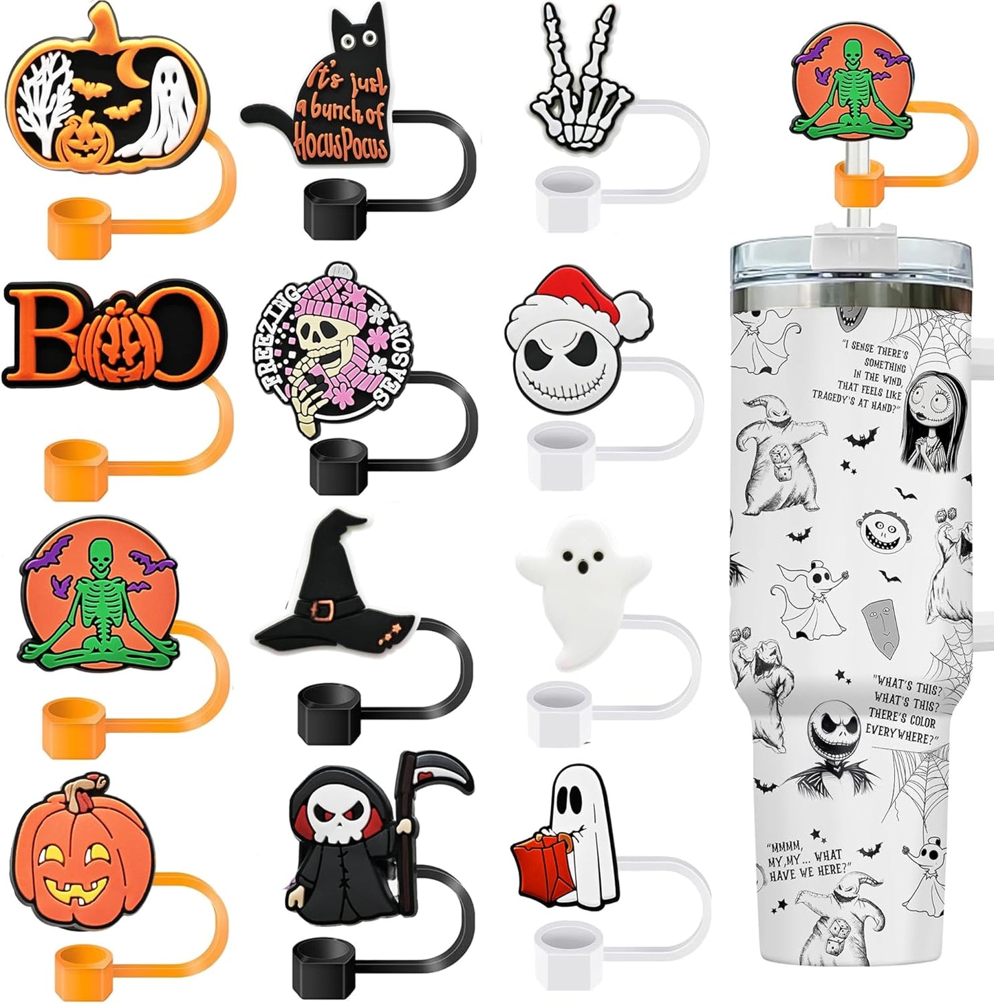 12 PCS Halloween Straw Toppers for Stanley 30&40 Oz Tumbler, 10mm/04in Straw Covers Cap for All 9-10mm Straws, Dust-Proof Reusable Protector Topper for Water Bottle