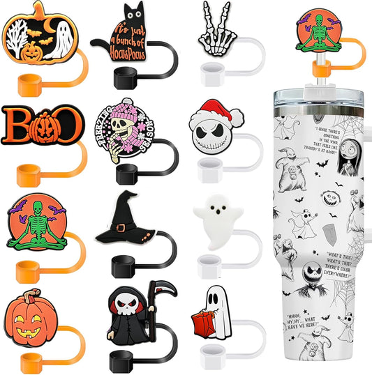 12 PCS Halloween Straw Toppers for Stanley 30&40 Oz Tumbler, 10mm/04in Straw Covers Cap for All 9-10mm Straws, Dust-Proof Reusable Protector Topper for Water Bottle