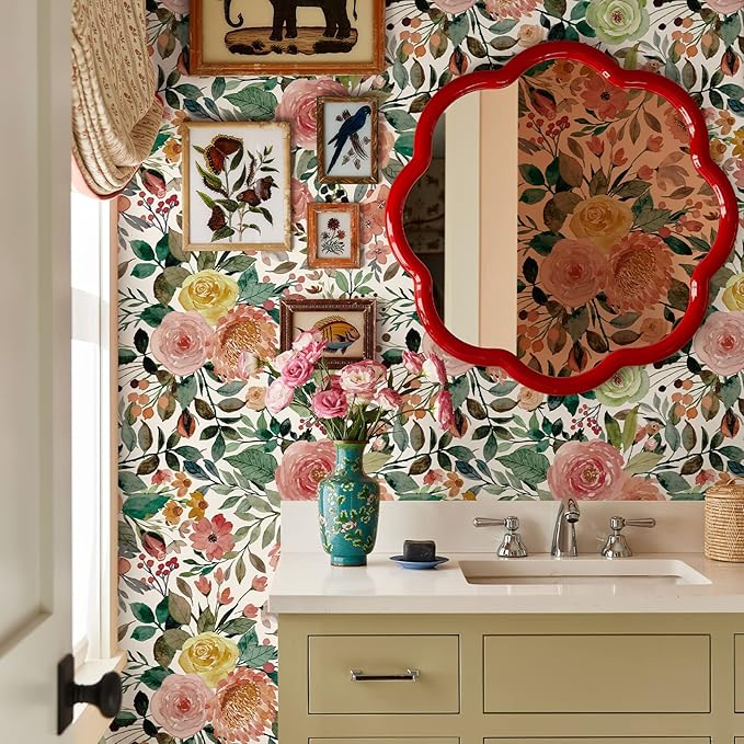 JiffDiff Floral Wallpaper Peel and Stick Pink Floral Wall Mural Removable Peony - Image 6