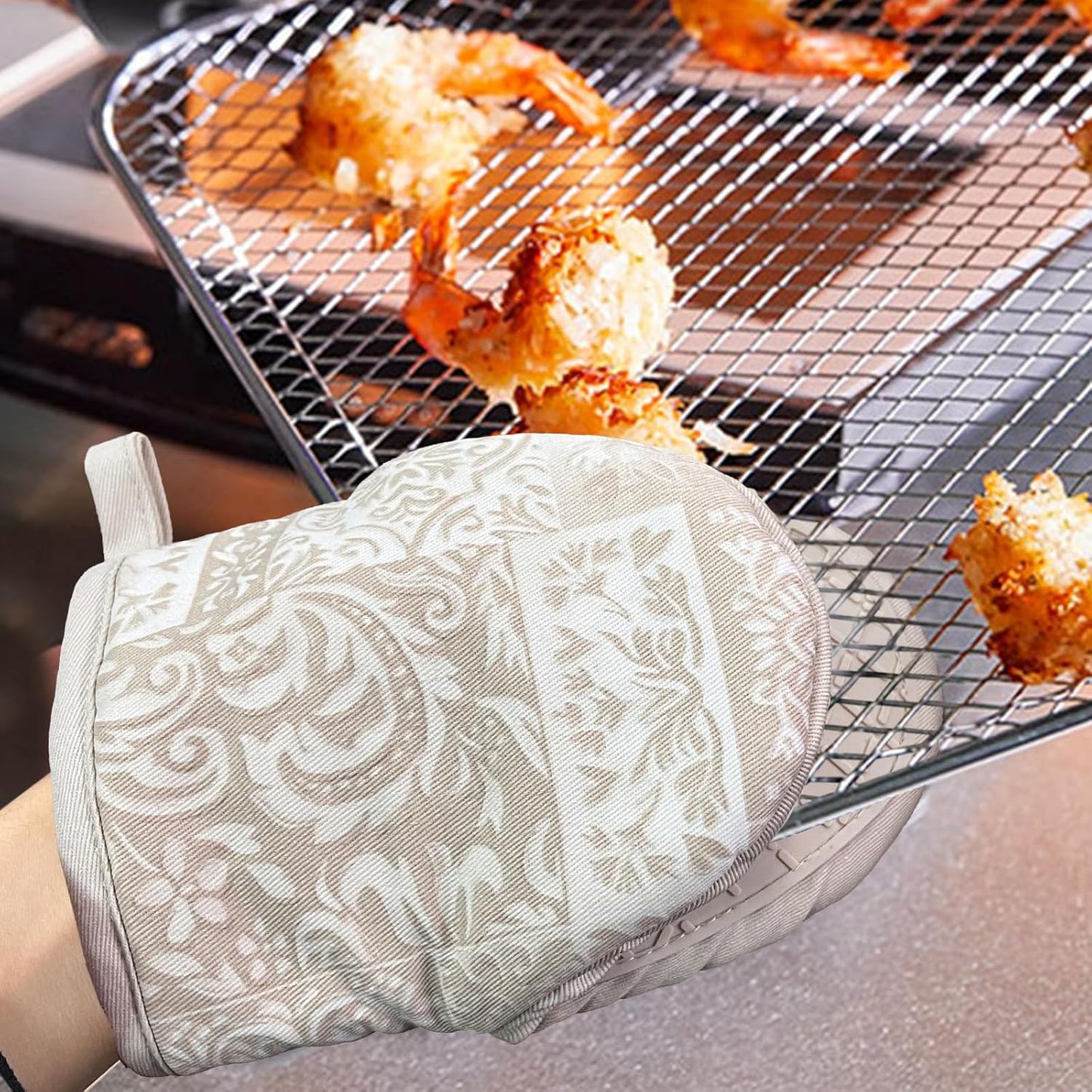 Mini Silicone Oven Mitts, Heat and Slip Resistant Kitchen Mittens 2-Pack Set, Khaki Patchwork Flower Soft Short Oven Gloves, Flexible Thick Pot Holders for Safe Cooking Baking & Grill (Khaki)