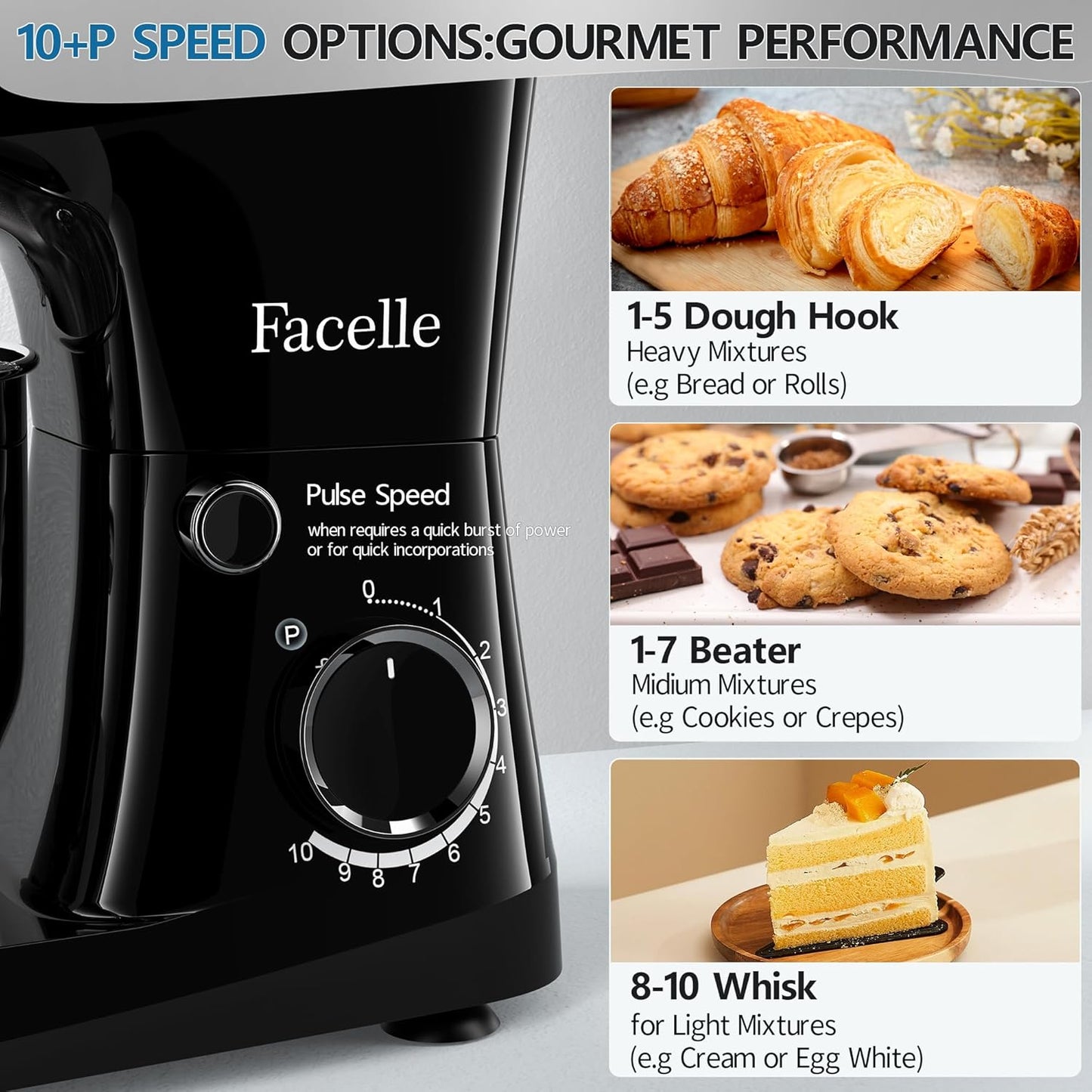 Facelle Stand Mixer, 10-Speed 6QT Kitchen Electric Mixer, Tilt-Head Food mixer with Beater, Dough Hook, Wire Whip and Egg Separator, scraper for Most Home Cooks - Black