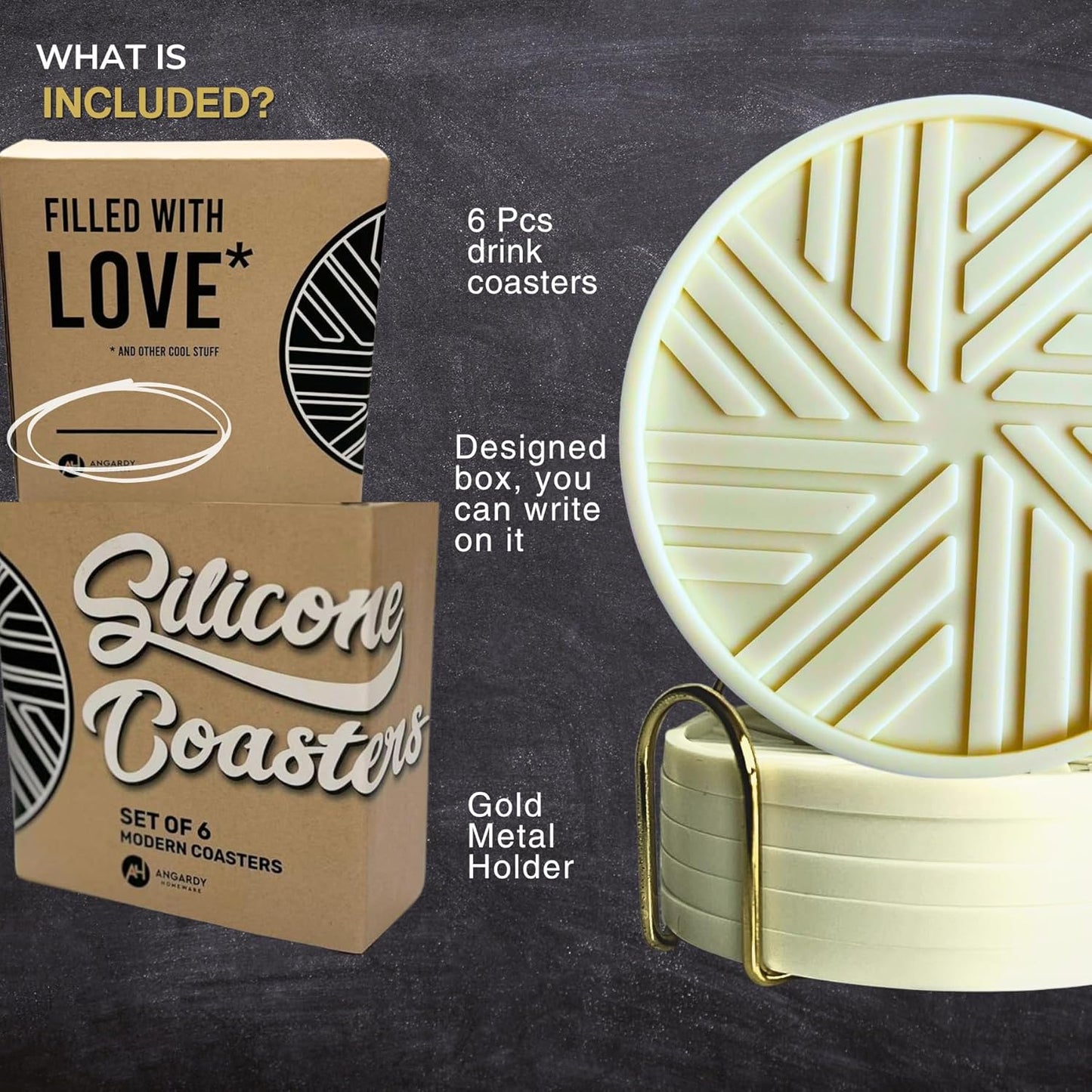 Silicone Coasters for Drinks, Set of 6 with Gold Holder and Modern Elegant Pattern, Unique Protection for Coffee Table, Living Room Decor and Housewarming Gift