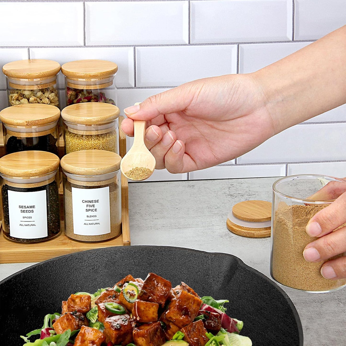 4OZ Glass Spice Jars with Bamboo Lids and 315 Labels, 10 Pcs Clear Food Storage Containers for Kitchen Sugar Salt Coffee Tea Beans