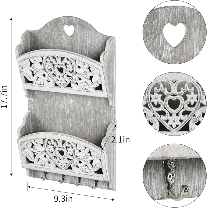 Mail Organizer with Key Holder, 2-Slot Mail Holder with 4 Key Hooks - Image 3