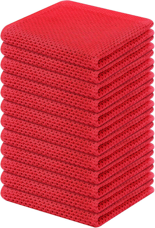 Kitinjoy 100% Cotton Kitchen Dish Cloths, 12 Pack Waffle Weave Ultra Soft Absorbent Dish Towels for Drying Dishes Quick Drying Kitchen Towels Dish Rags, 12 X 12Inch, Red