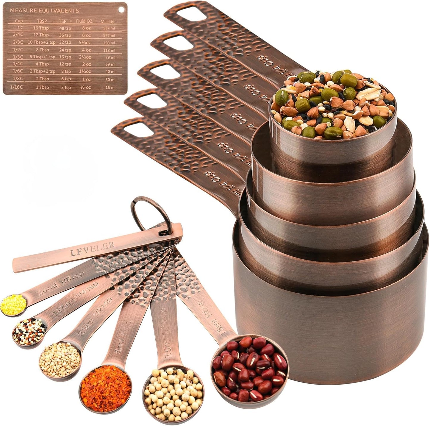 Copper Measuring Cups and Spoons Set 13, Stainless Steel Measuring Cups and Spoons Set for Baking and Kitchen, Metal Metric & US Measuring Set