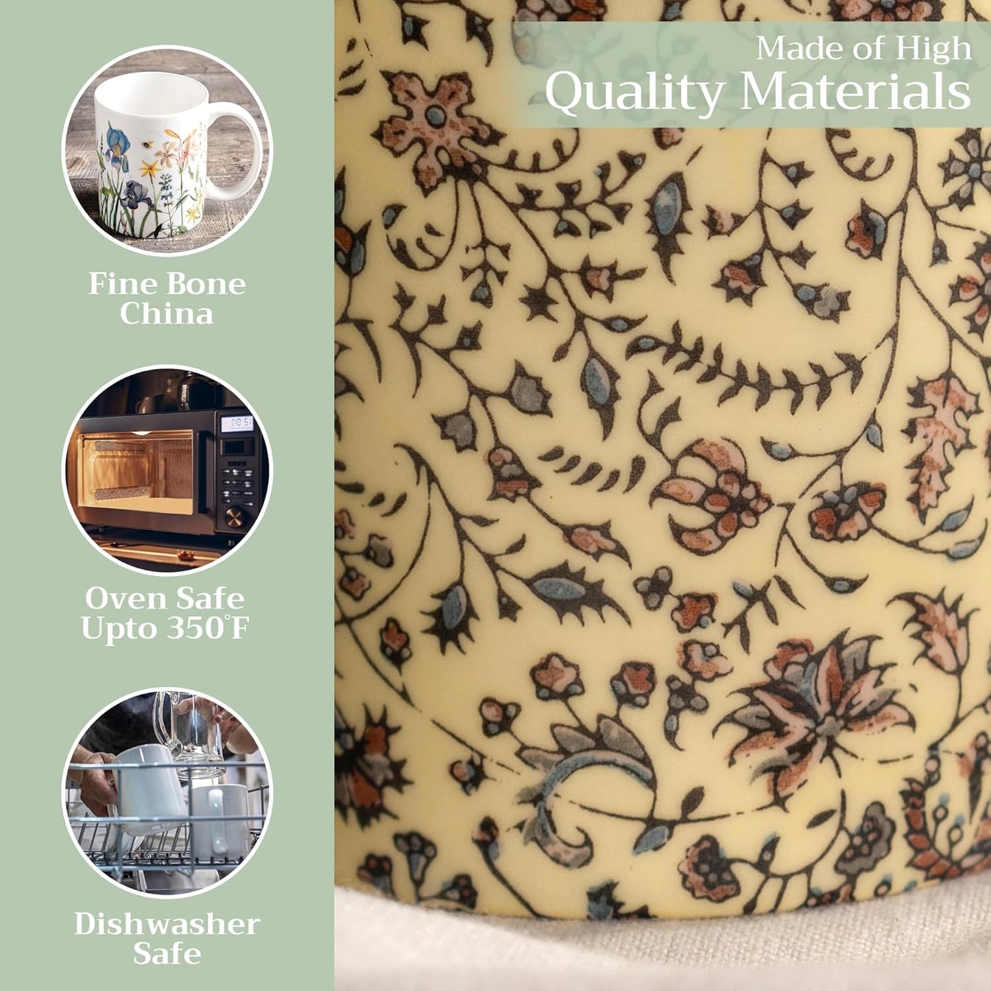 Maison d' Hermine Coffee Mug with Handles Fine Bone China Mugs Pack of Two Tea Cups for Hot Beverages Cappuccino Latte Home Restaurant Office Perfect for Gift (Lakshmi, 12 Ounce)