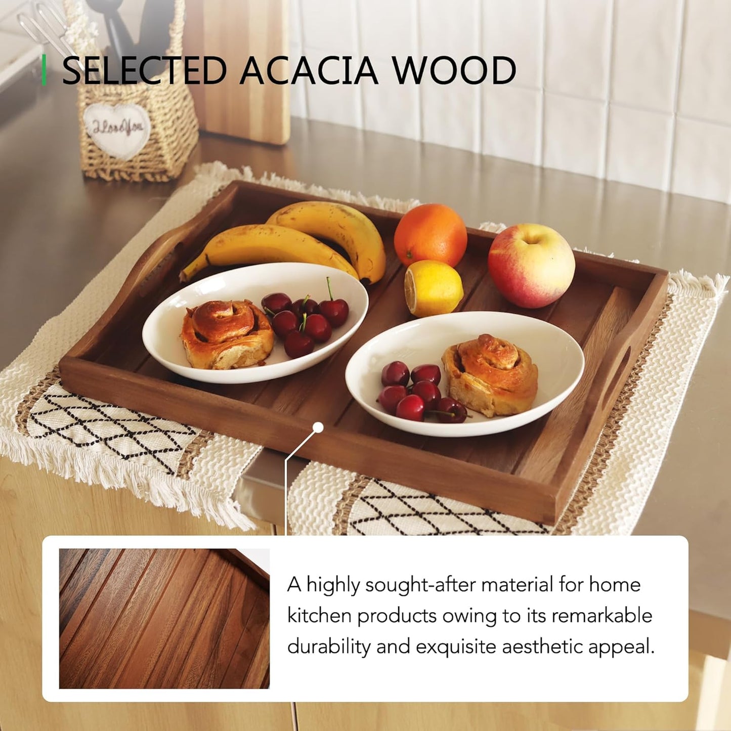 Large Acacia Wooden Serving Tray with Handles 20 x 14 inch Decorative Coffee Table Ottoman Tray for Living Room Extra Large for Kitchen Dinner Food Bar Breakfast in Bed (Color Natural)