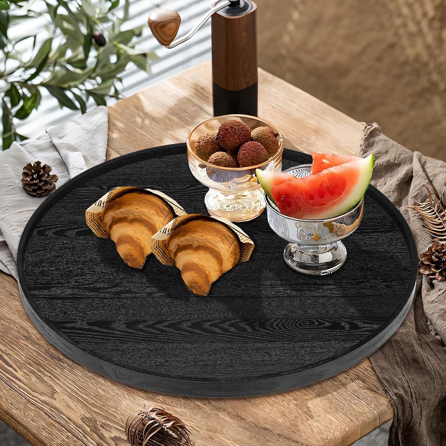 20 inch Round Solid Wood Serving Tray Extra Large Tea Coffee Snack Food Meals Serving Plate Non-Slip Kitchen Party Bar Server Ottoman Tray Breakfast Tray with Raised Edges Black
