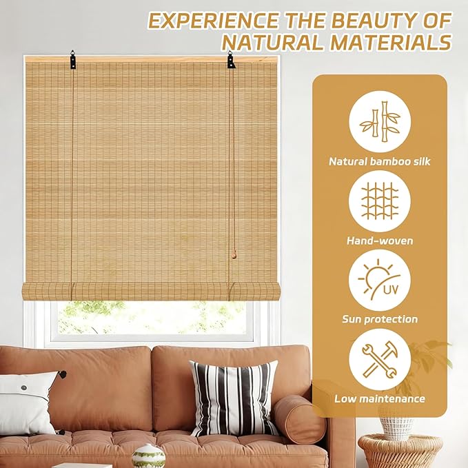 Bamboo Roll Up Shades for Windows 32Wx72L, Light Filtering Hanging Window Blinds - Image 4