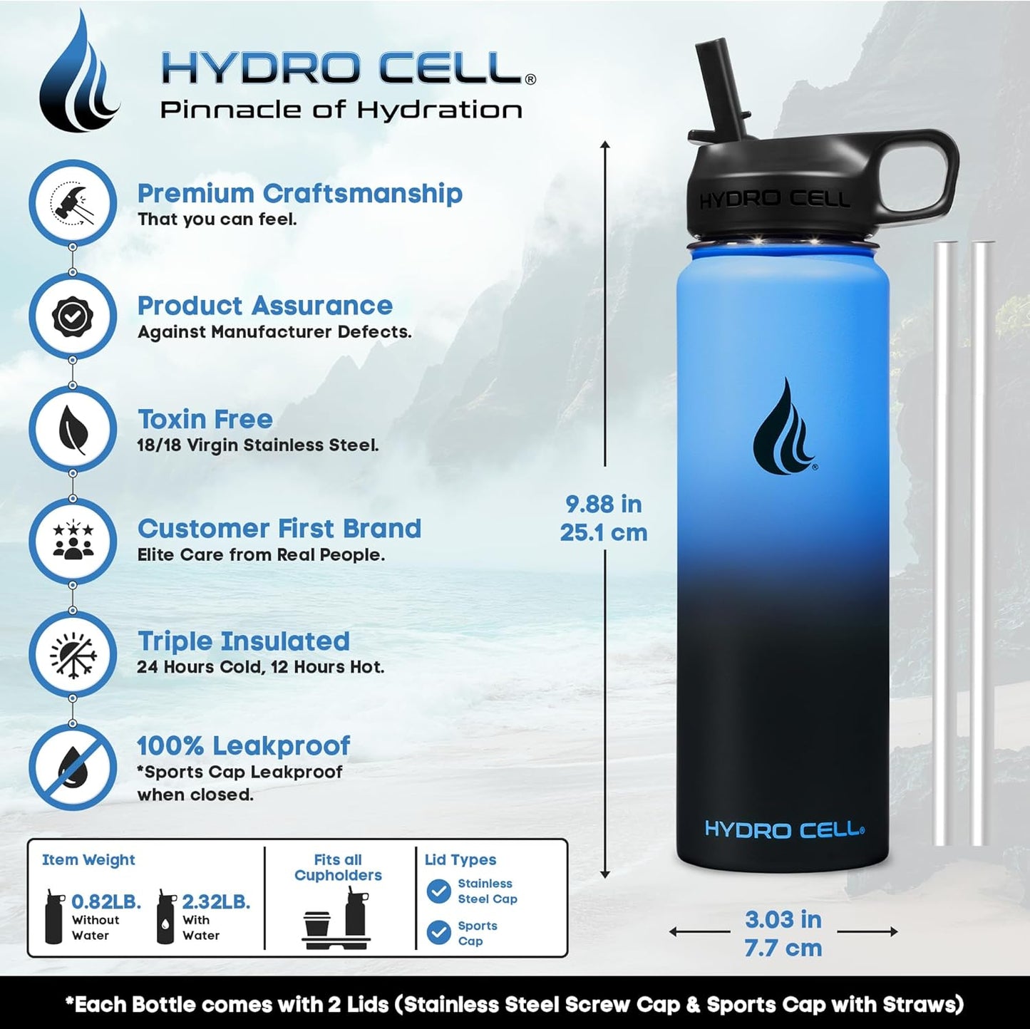 HYDRO CELL Stainless Steel Insulated Water Bottle with Straw - For Cold & Hot Drinks - Metal Vacuum Flask with Screw Cap and Modern Leakproof Sport Thermos for Adults (Blue/Black 24oz)