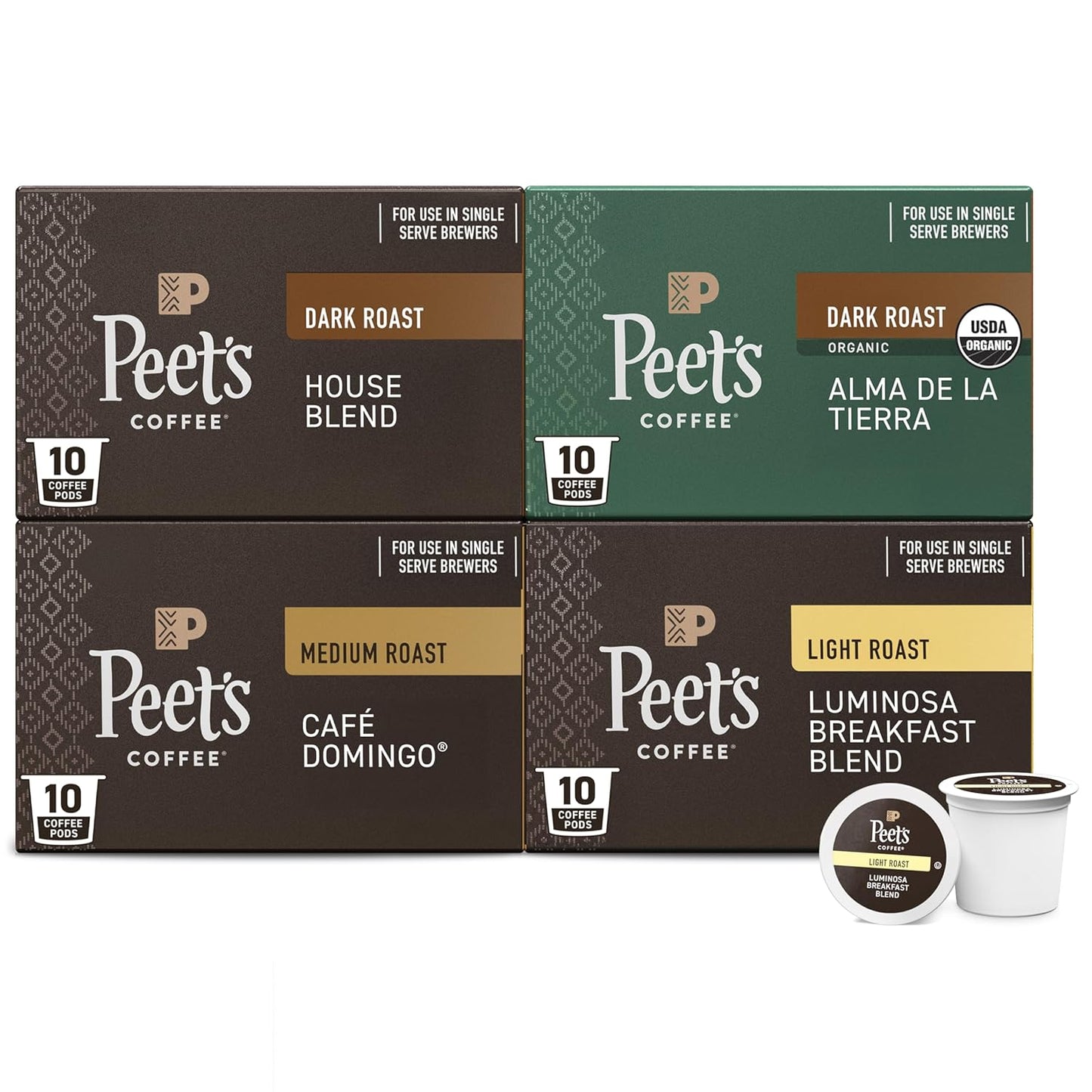 Peet's Coffee, Single Serve Coffee Pods Variety Pack - Luminosa Breakfast Blend, Café Domingo, Organic Alma De La Tierra, House Blend, 40 Count (4 Boxes of 10 Pods)