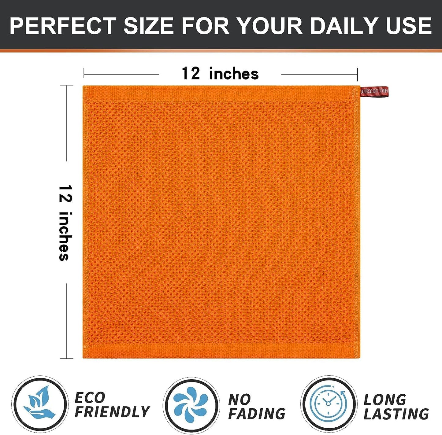 Kitinjoy 100% Cotton Kitchen Dish Cloths, 12 Pack Waffle Weave Ultra Soft Absorbent Dish Towels for Drying Dishes Quick Drying Kitchen Towels Dish Rags, 12 X 12Inch, Orange