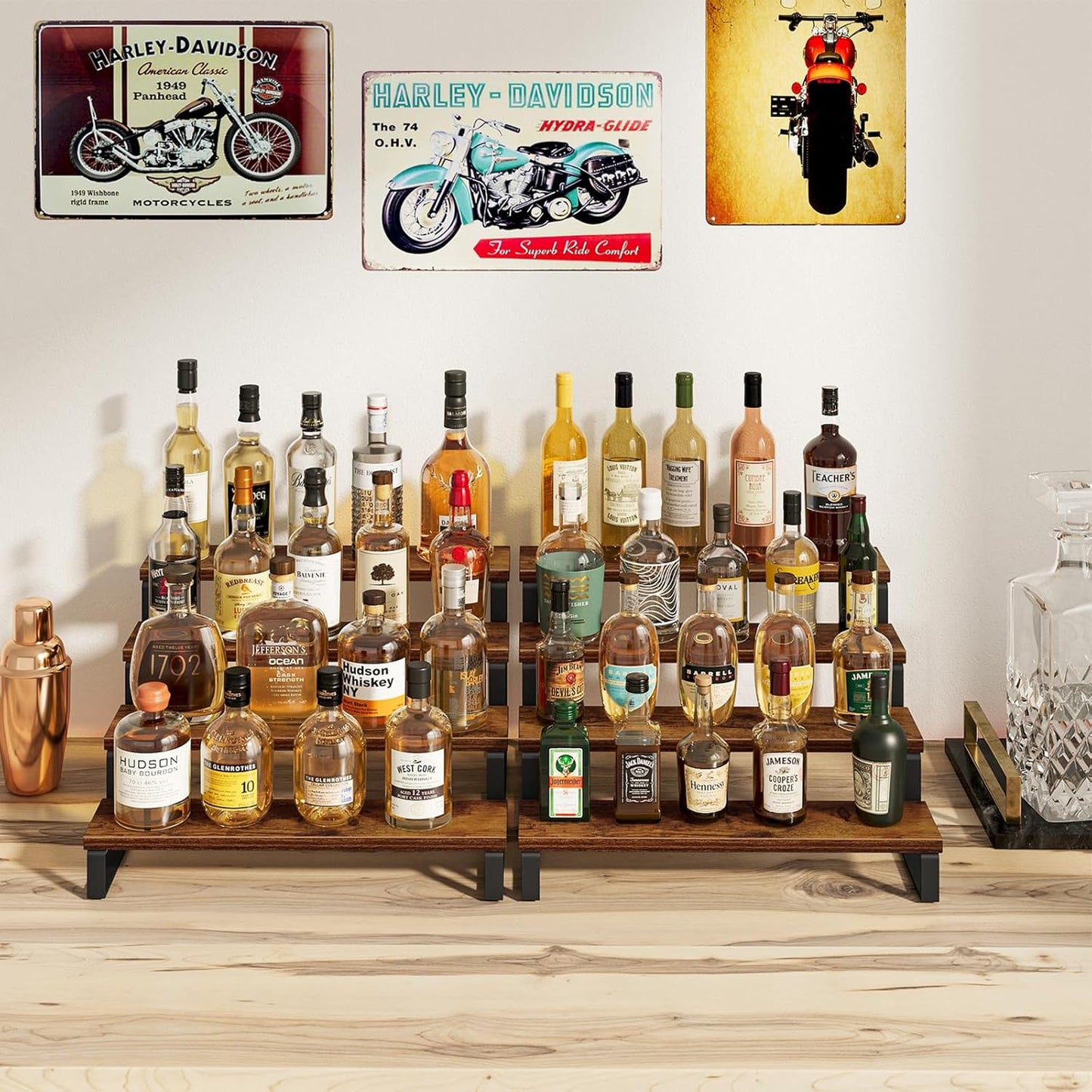 Giikin 4 Tier Spice Rack, Set of 2 Wooden Spice Rack for Countertop, Kitchen Counter Storage Shelves Cupcake Stand Holder Display Stand, Rustic Brown