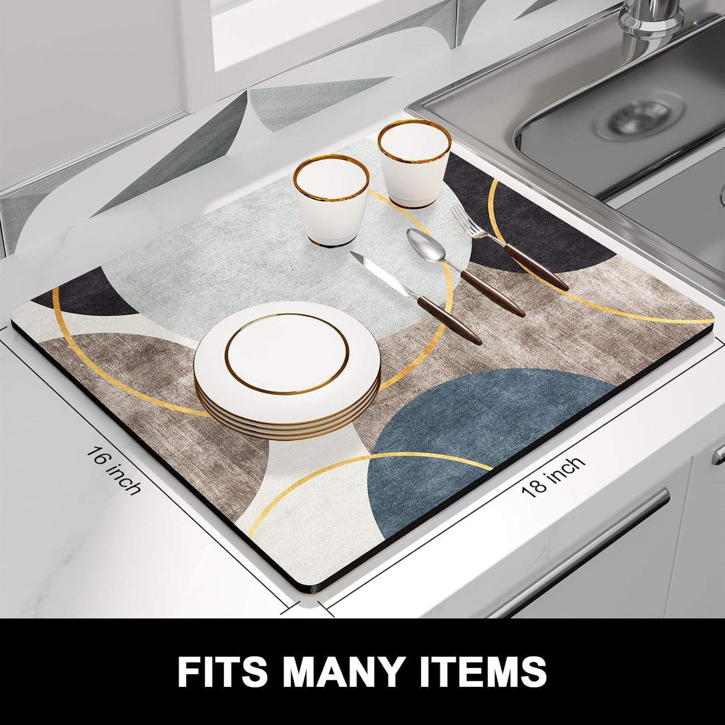 Rnivvi Dish Drying Mat for Kitchen Counter, 16 x 18" Cute Boho Theme Absorbent Heat Resistant Drying Pad with Non-slip Rubber, Coffee Bar Mats for Coffee Machine Dish Rack, Abstract Art Circle