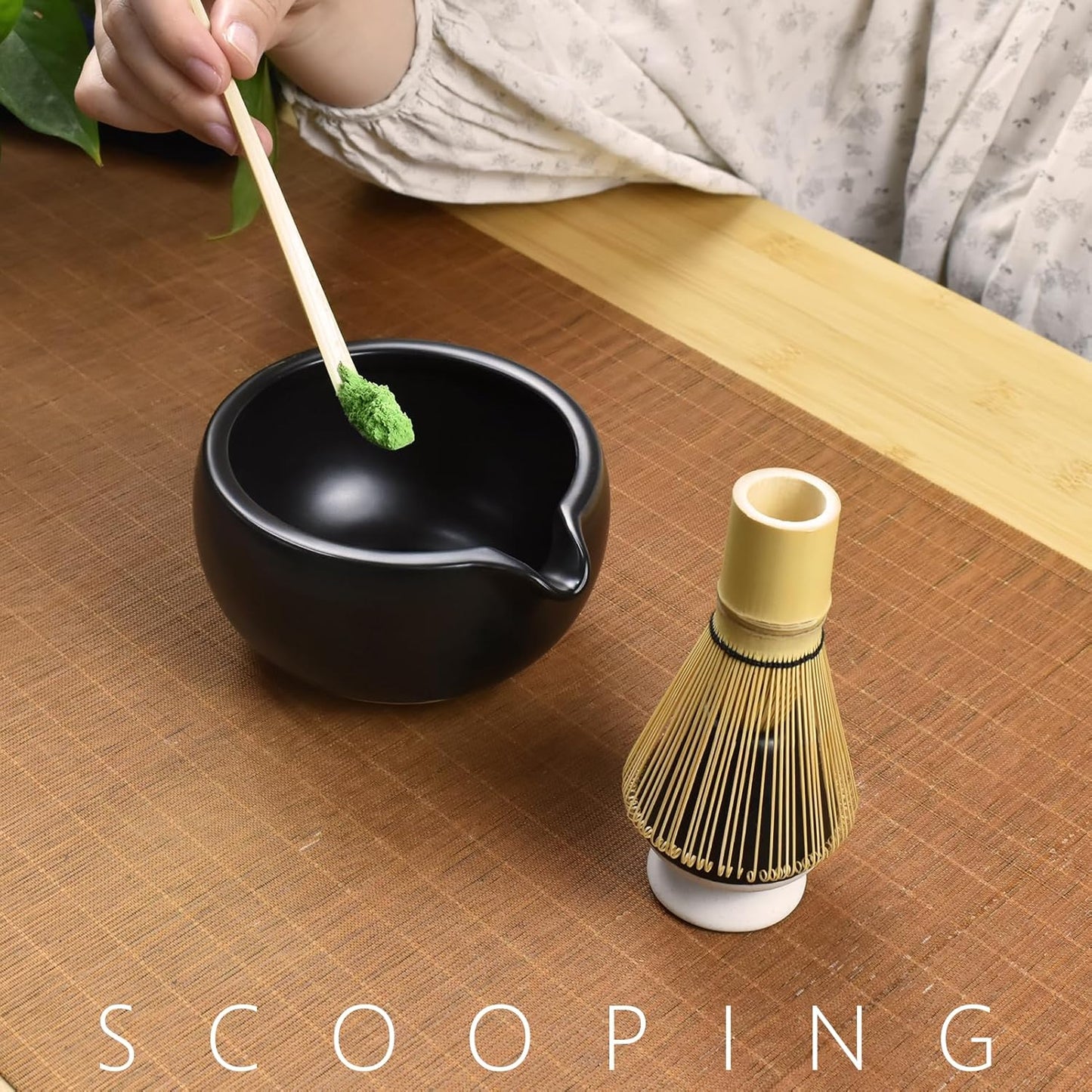 Artcome 4 Pcs Complete Matcha Ceremony Kit - Bowl With Pouring Spout, Whisk, Holder, Scoop - Japanese Tea Set for Making Usucha, Koicha and Latte (Black)