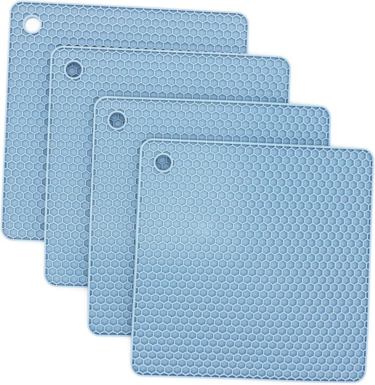Silicone Trivets Mats, Hot Pads for Pot Holder, Square Trivets for Dishes, Pots and Pans, Multi-Purpose Kitchen Counter Pads, Non-Slip Heat Resistant Mats Set of 4 Blue