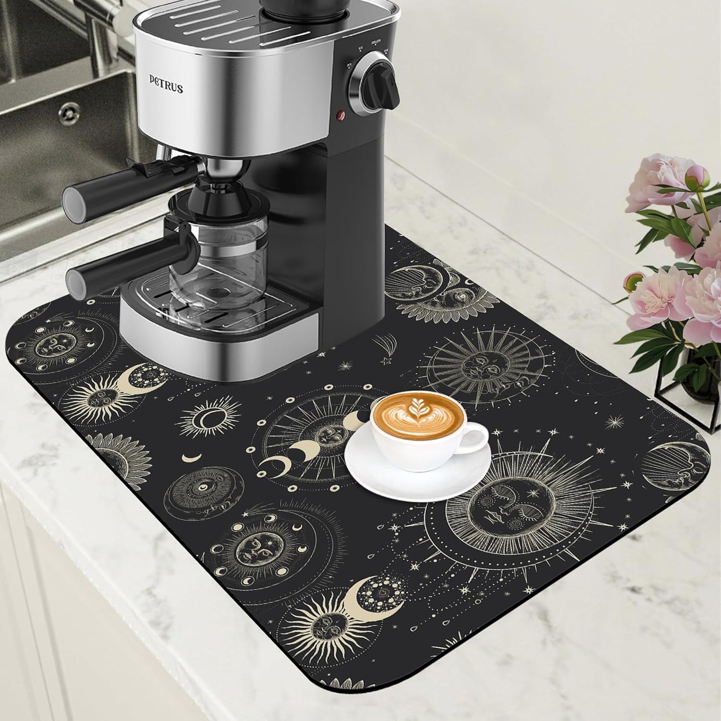 Moon Sun Zodiac Coffee Mat Absorbent Astrology Dish Drying Mat for Kitchen Counter Hide Stain Rubber Backed Coffee Bar Accessories Fit Under Espresso Machine, 11.8 x 19.7 Inch
