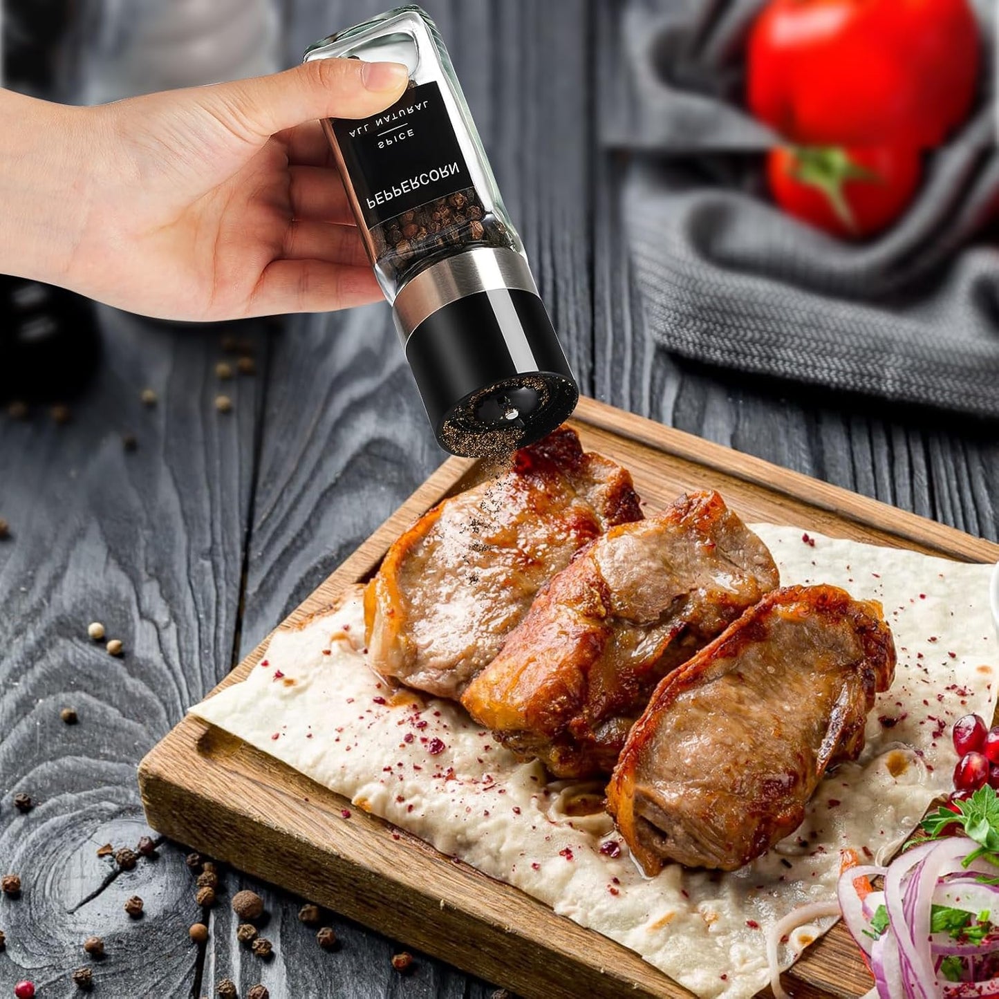 Yangbaga 34Pcs Glass Spice Jars with Labels-4oz Acacia Wood Lid Square Spice Containers with Pepper Grinder Lids &Funnel,Seasoning Jars for Rack Cabinet Drawer