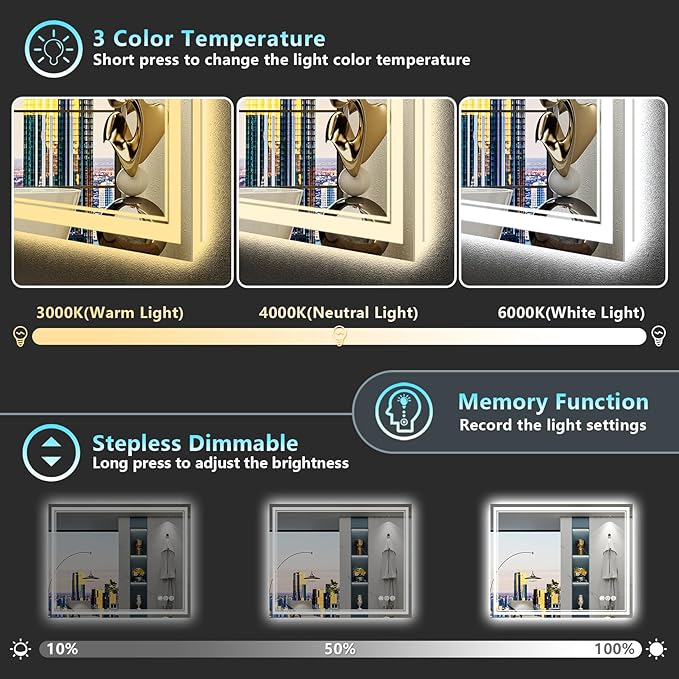 44x30 LED Bathroom Mirror with Lights, Backlit and Front Lit Anti-Fog Lighted - Image 4