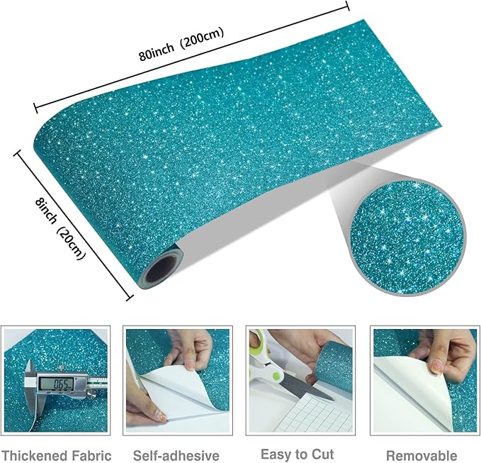 CRE8TIVE Teal Blue Glitter Wallpaper Border Peel and Stick Wall Border Sparkle - Image 6
