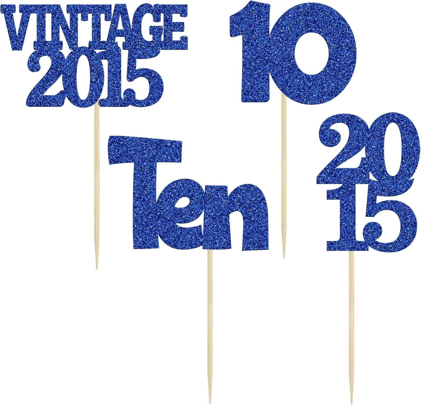 Gyufise 24Pcs 10th Birthday Cupcake Toppers Glitter Ten Vintage 2015 Double Digits 10 Cupcake Picks Birthday Cake Decorations for Happy 10th Birthday Anniversary Party Supplies Deep Blue